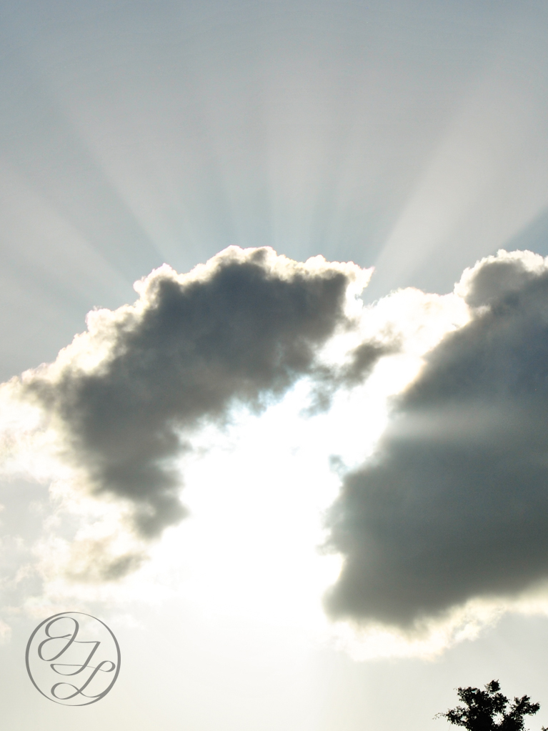 sun shining behind clouds with light beams coming out, a tree just out of frame in the bottom right corner and a cursive connected and encircled JTL in t he bottom left corner