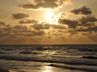 sun rise with golden sun beams shining over a beach at the gulf of Mexico, and a cursive and connected JTL in a circle in the bottom left corner.